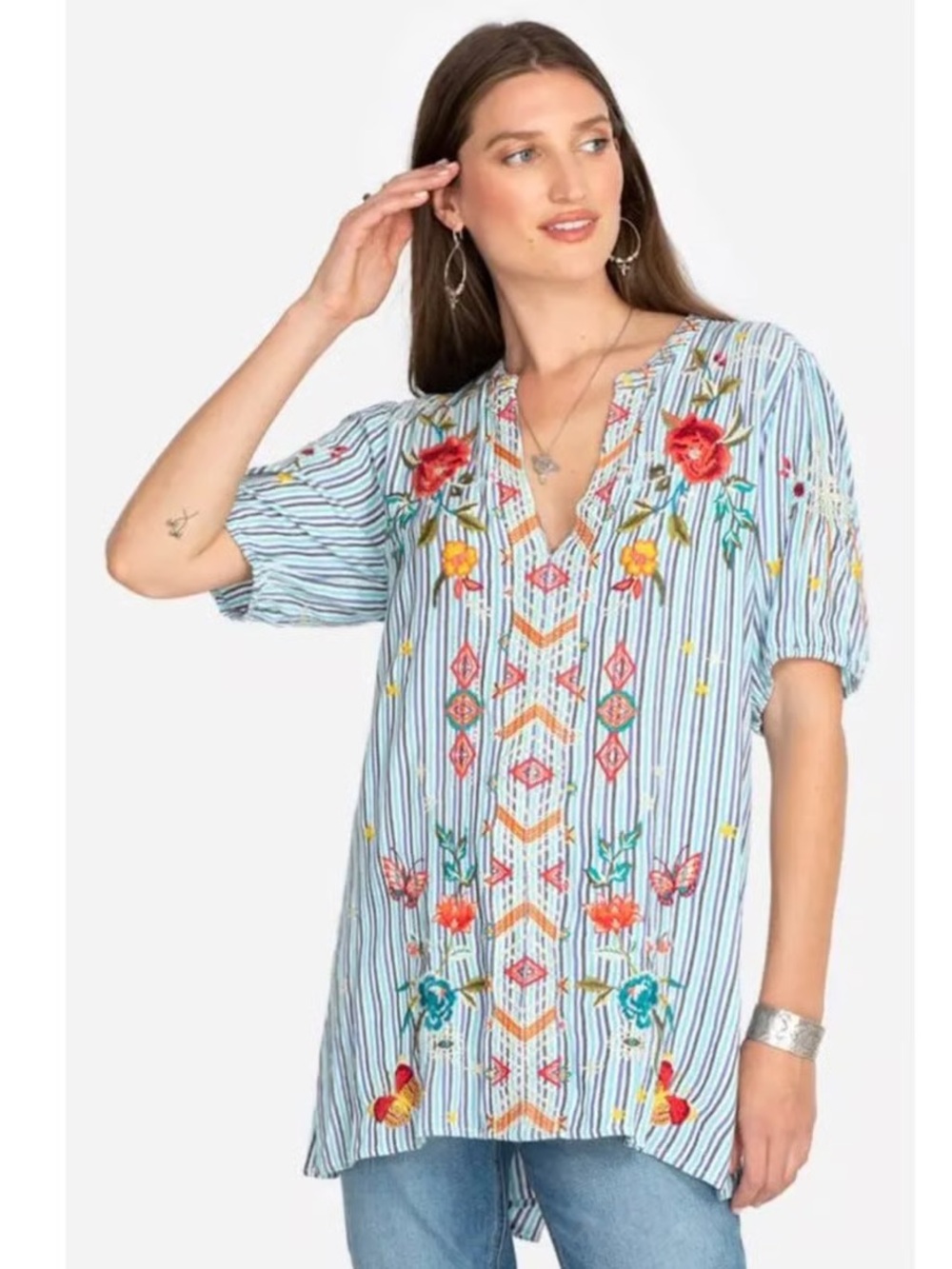 Johnny Was Cara Puff Sleeve Effortless Floral Tunic Top Size S